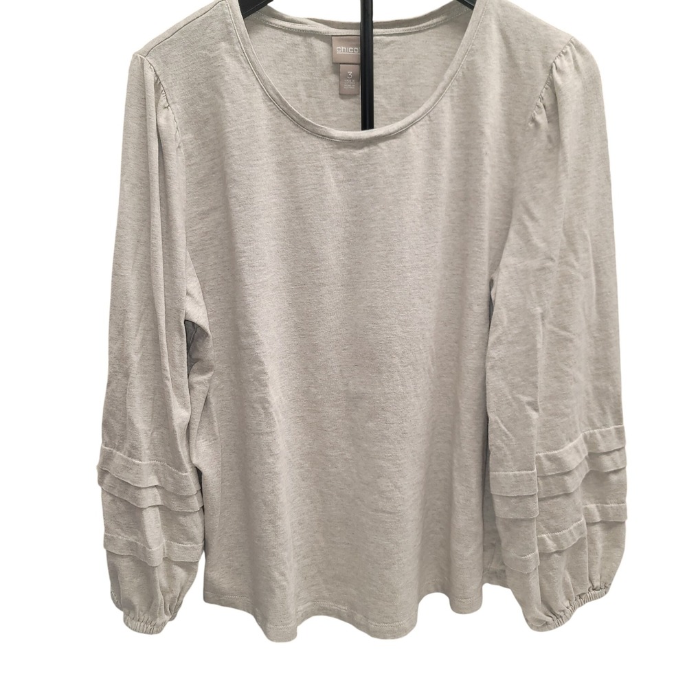 Chicos 3 Heather Gray Tiered Ruffle Sleeve Scoop Neck Knit Top Soft